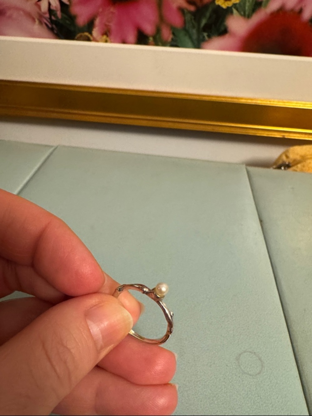 Silver Pearl Accent Ring - Minimal Pearl Stackable Ring - Picture 3 of 4